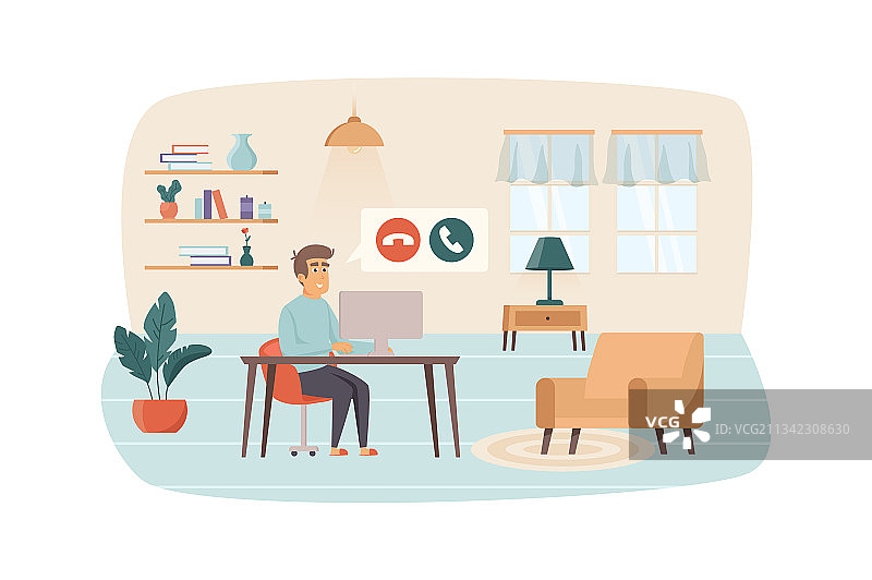 男人坐在电脑前进行视频通话图片素材