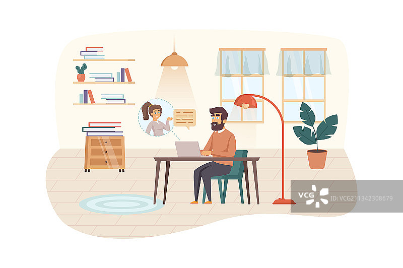 在家视频会议场景，男人正在进行视频图片素材