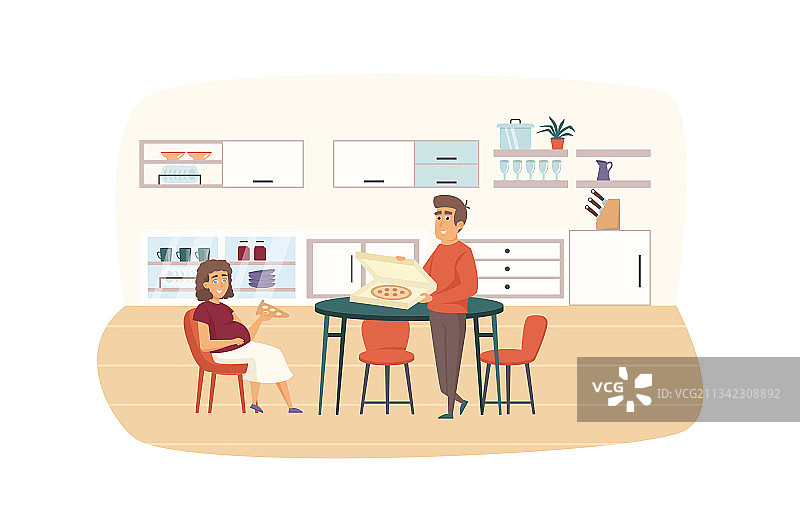 在厨房一起吃饭的年轻家庭场景图片素材