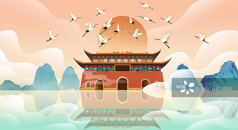 国潮风新中式中国传统国画青绿山水画北京古建筑国风背景插画图片素材