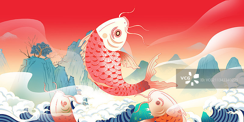 国潮风中国风传统国画新中式青绿山水画卷鲤鱼吉祥如意新年插画图片素材
