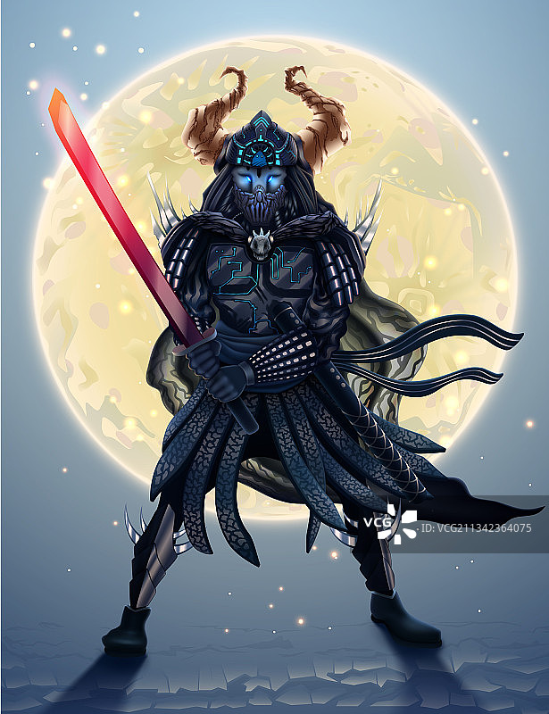 月夜下的日式武士剪影图片素材