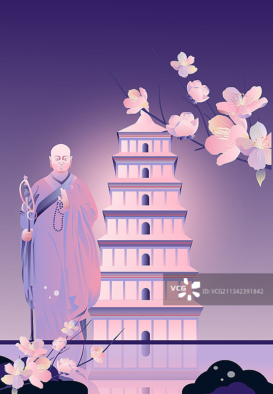西安地标大雁塔樱花玄奘古建筑竖版矢量粉紫图片素材