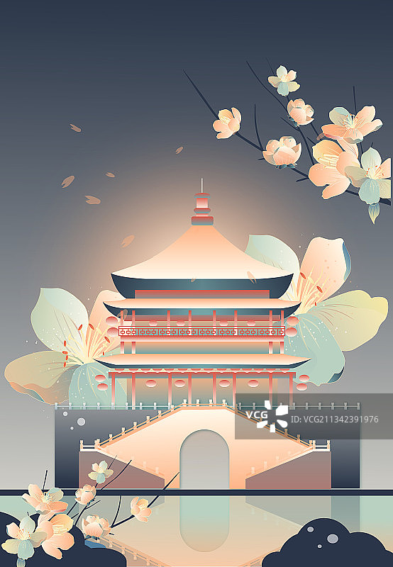西安地标鼓楼樱花古建筑竖版矢量夜景图片素材