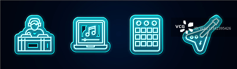 DJ播放音乐、笔记本电脑和鼓图标图片素材