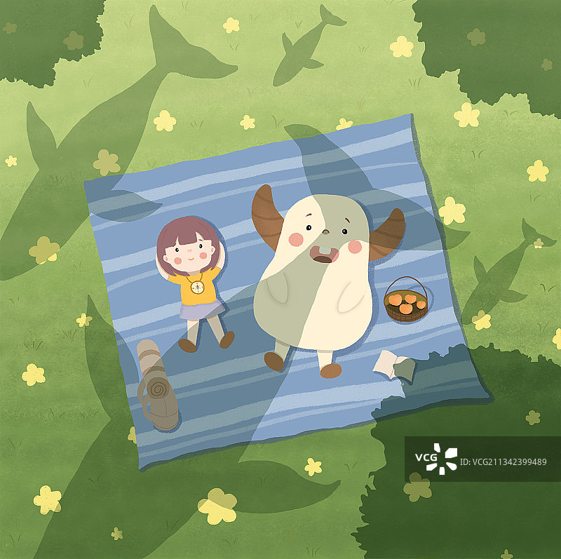 和小怪兽在草地上休息图片素材