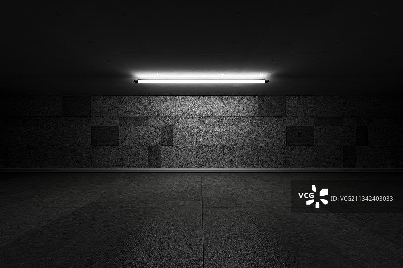 带有灯管的暗调混泥土空间，三维图像图片素材