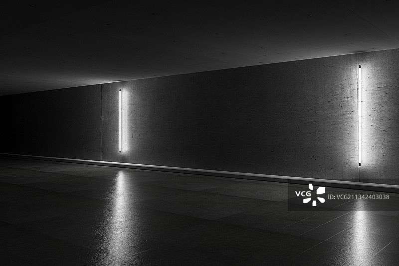 带有灯管的暗调混泥土空间，三维图像图片素材