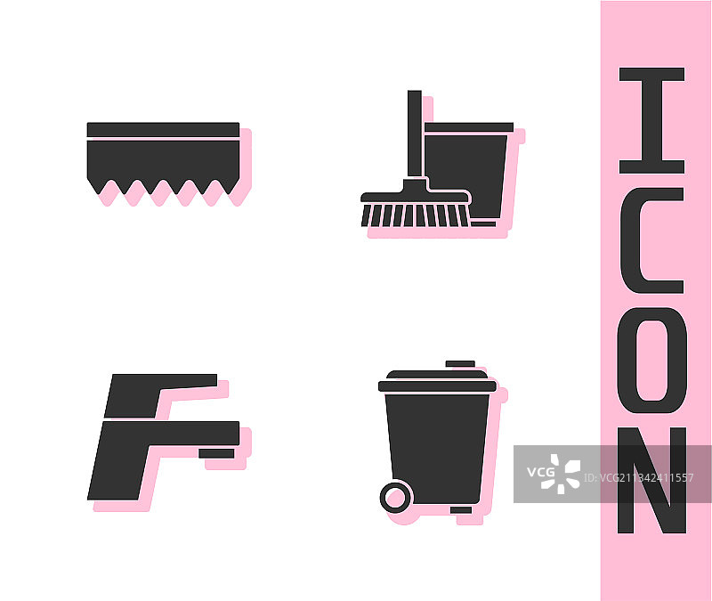 垃圾桶、海绵、水龙头和拖把图片素材