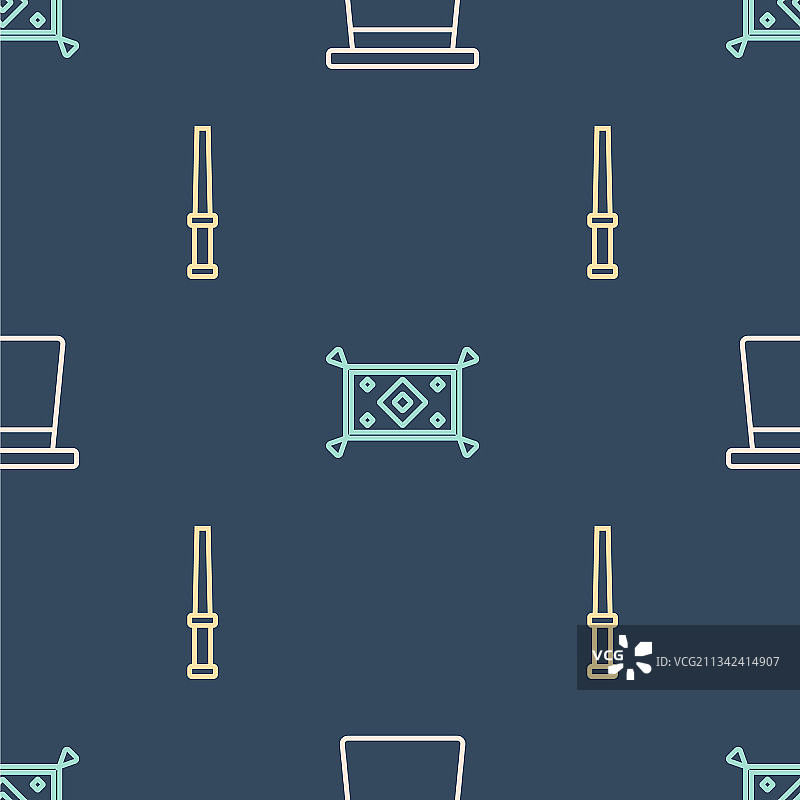 无缝背景上的魔法帽子魔杖和飞毯线条图片素材