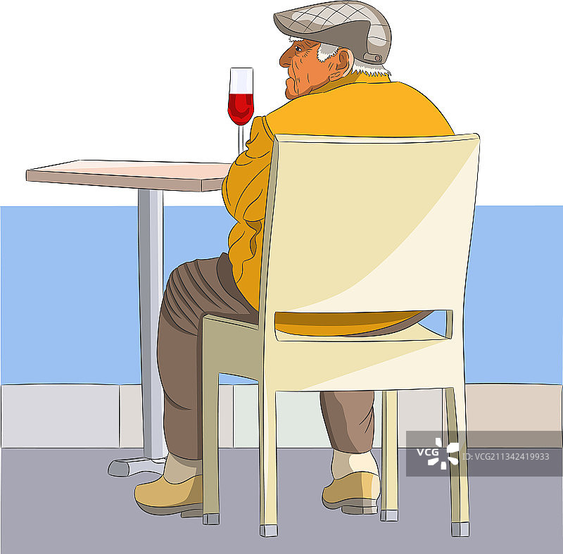老人在休息，手里拿着一杯葡萄酒图片素材