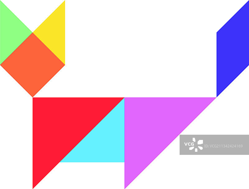 白色背景上的彩色七巧板拼图：猫咪造型图片素材