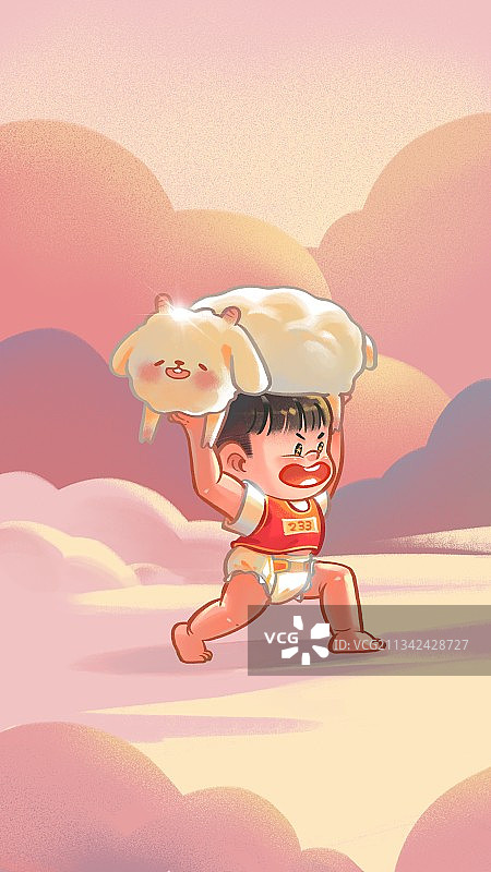 穿尿不湿的男宝宝在云中举着羊举重图片素材