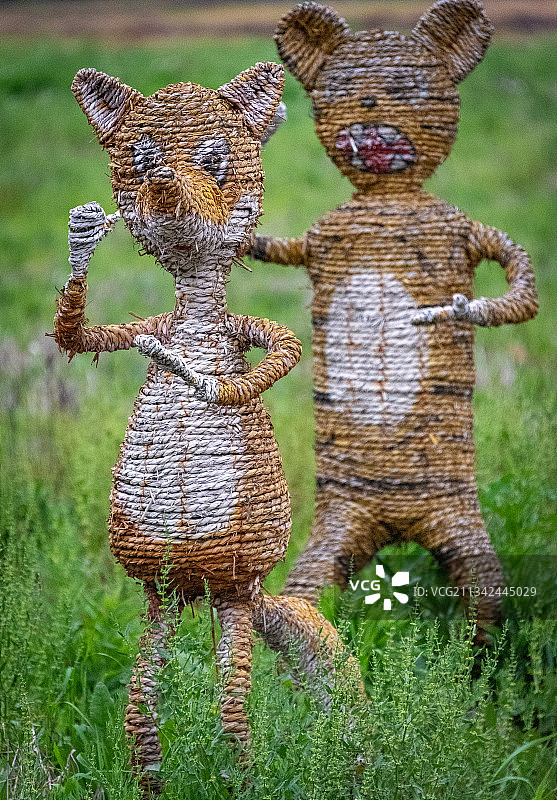 长兴岛海岛艺术田园里惟妙惟肖的稻草人，两只老鼠图片素材