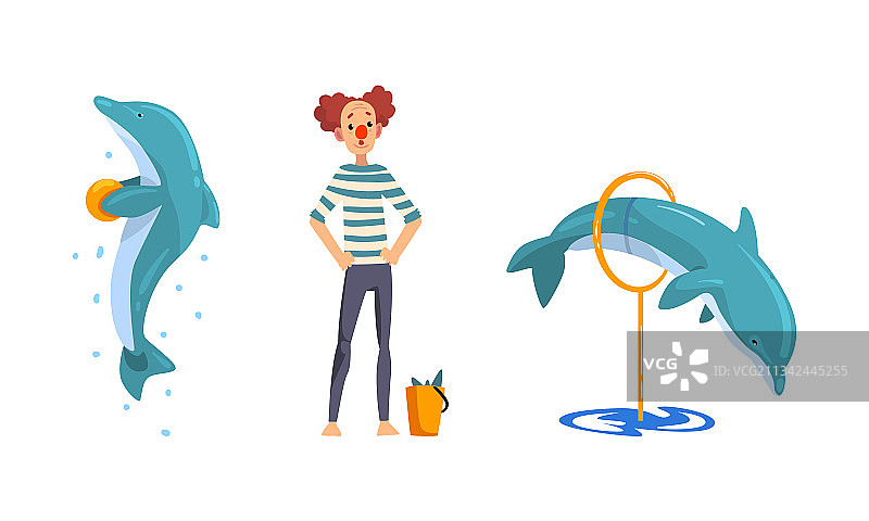 在海洋馆训练海豚的小丑图片素材