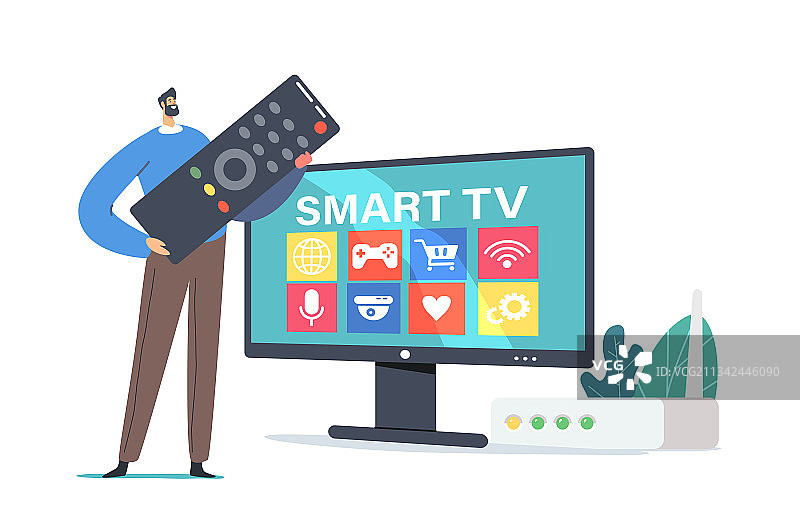 拿着巨大遥控器的小人站立图片素材