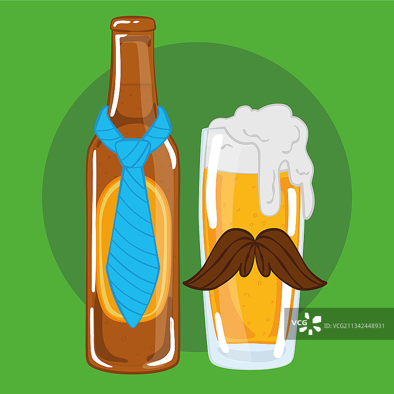 系领带的啤酒瓶与玻璃杯图片素材