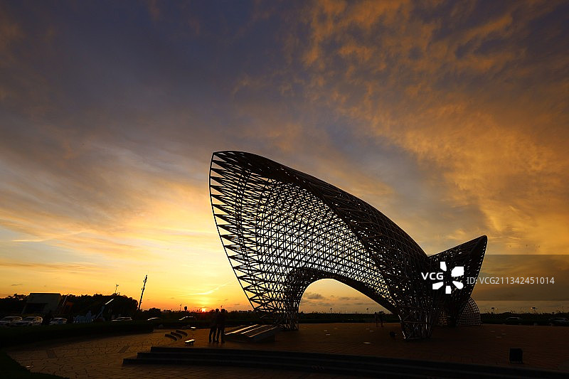 晚霞中的司南鱼（南汇嘴）图片素材