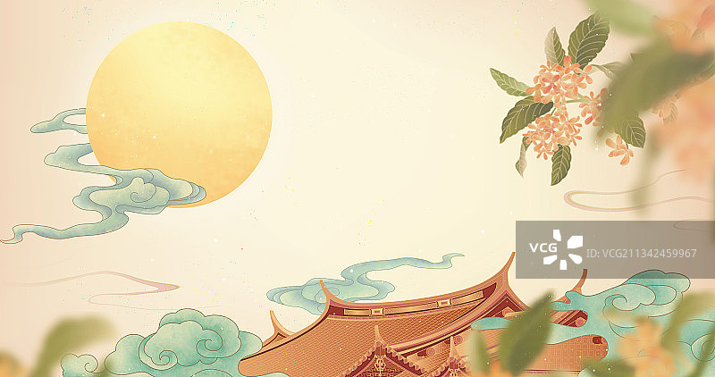满月下的古建筑屋顶插画图片素材