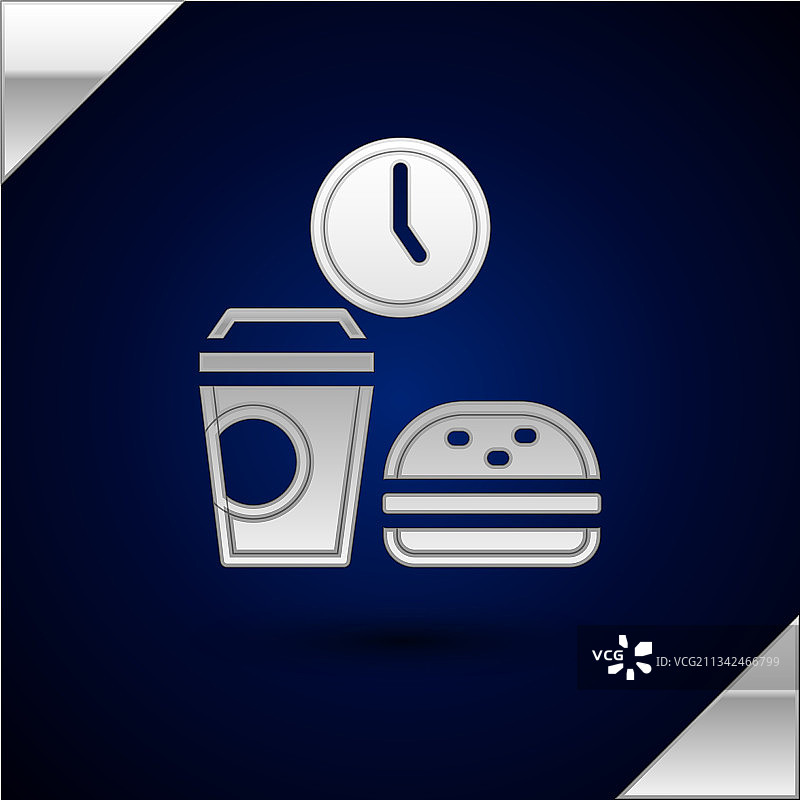 深蓝色背景上的银色快餐时间图标图片素材