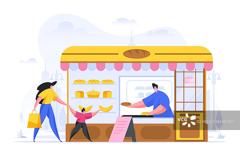 卡通顾客在街边本地面包店图片素材