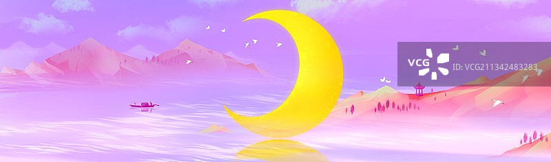 秋天夜晚的月亮七夕情人节背景插画图片素材