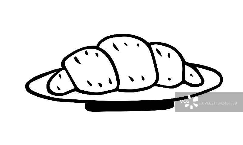 手绘黑色涂鸦的碟子上的羊角面包图片素材