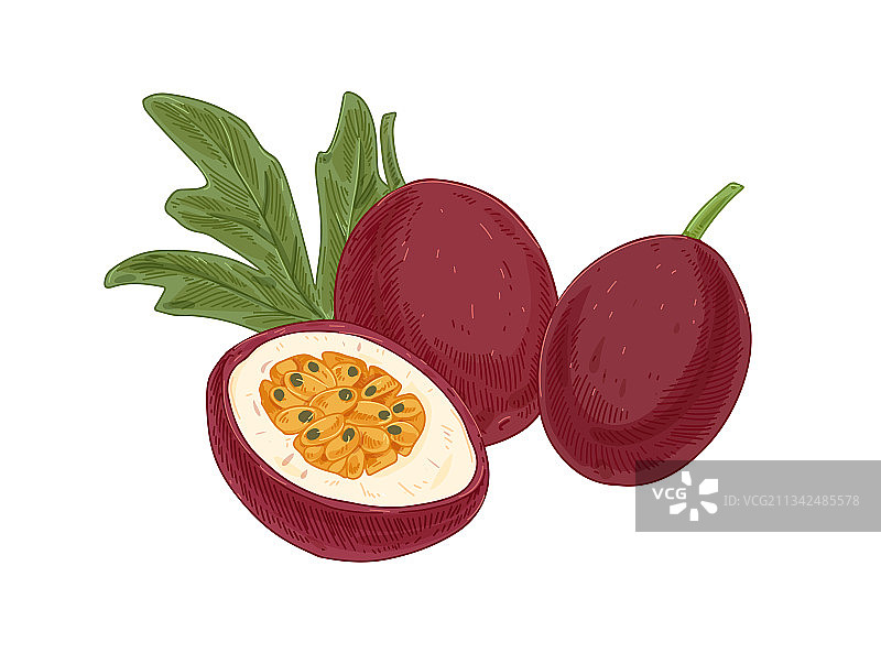 完整百香果、半个百香果和叶子图片素材