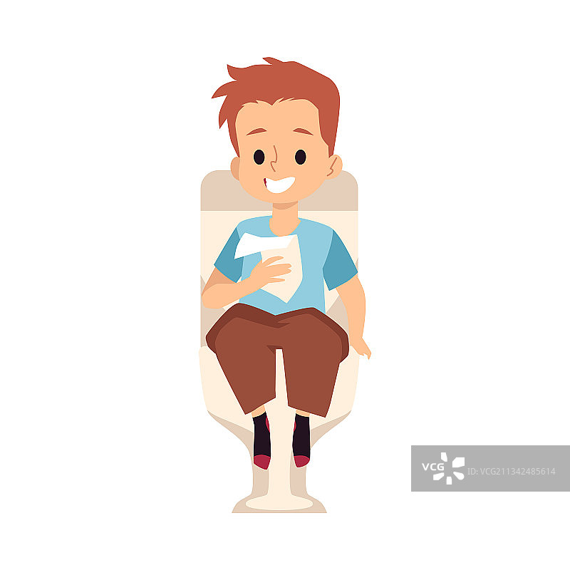 坐在马桶上的儿童男孩，手拿纸巾图片素材