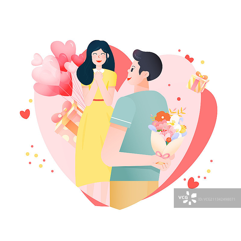 男生背后拿着花给女生惊喜矢量插画图片素材