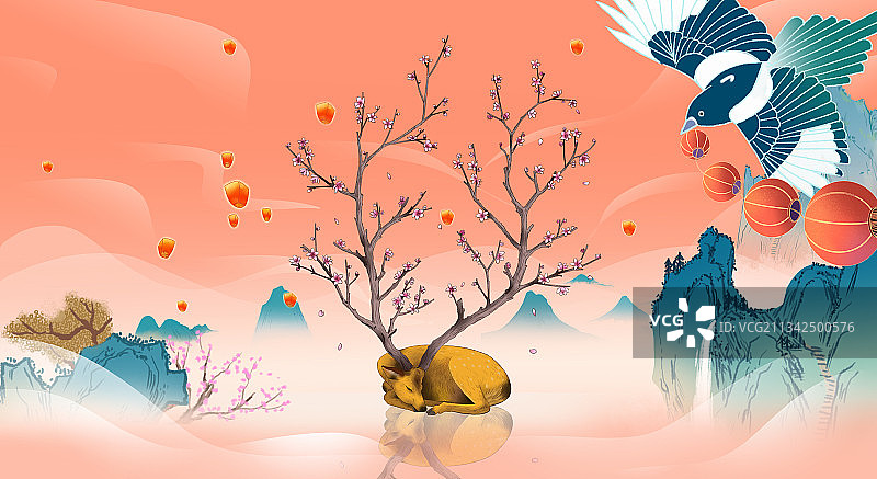 国潮风中国传统青绿山水国画新中式秋天中秋节海报团圆插画图片素材