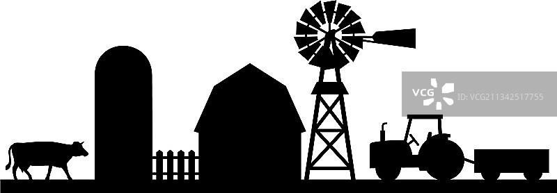 农场风景剪影：谷仓、筒仓、拖拉机图片素材