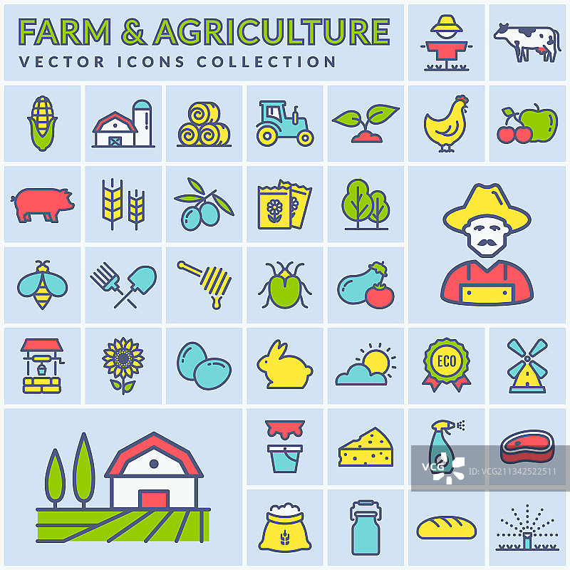 农场和农业彩色轮廓图标图片素材