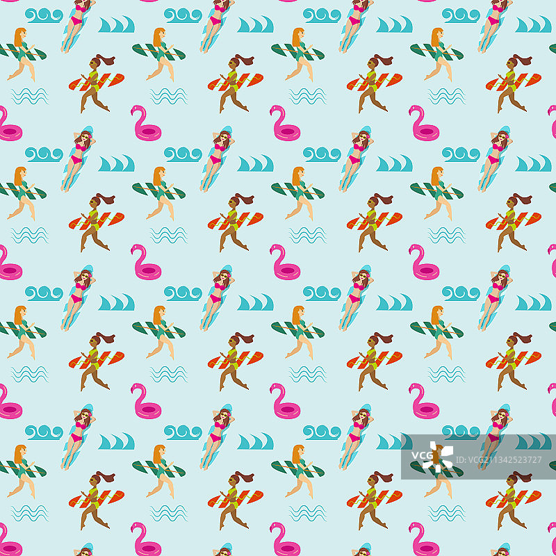 冲浪女孩与火烈鸟无缝图案图片素材