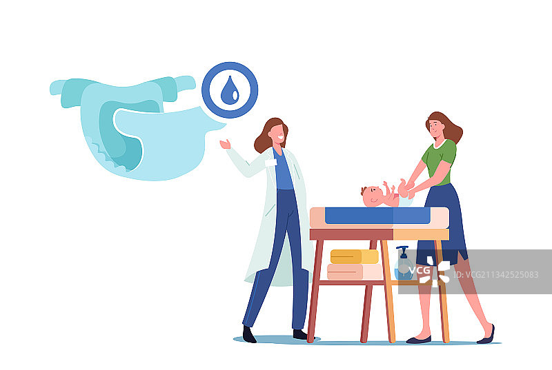 医生向正在换尿布的母亲展示尿布图片素材