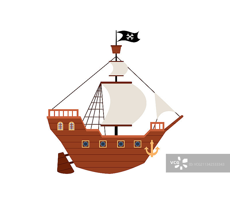 古代海盗船扁平卡通图片素材