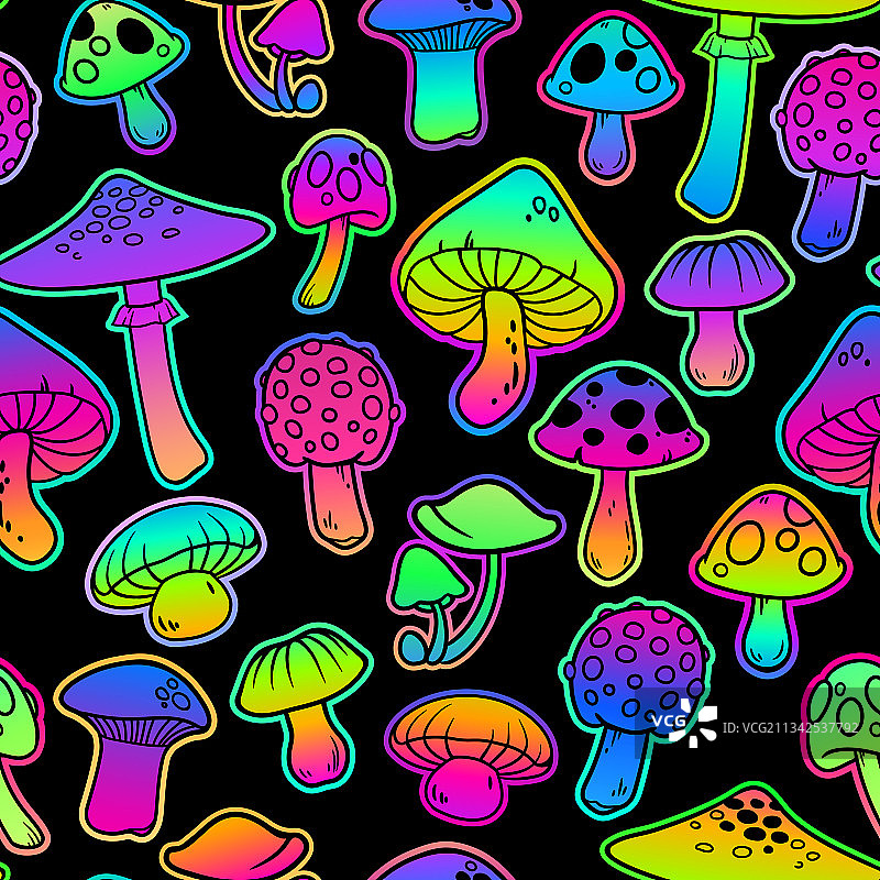 鲜艳迷幻蘑菇无缝背景图片素材