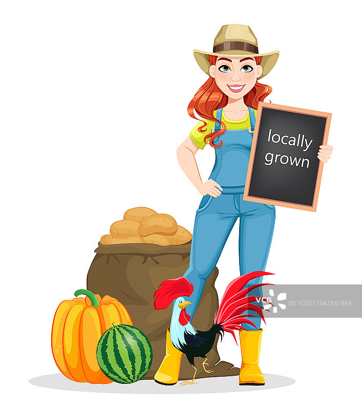 站在丰收作物旁边的美丽女农民图片素材