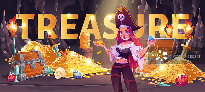 藏宝洞穴海盗女孩卡通banner图片素材