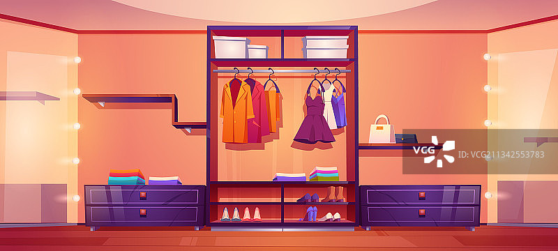 步入式衣帽间或更衣室，摆满服装图片素材