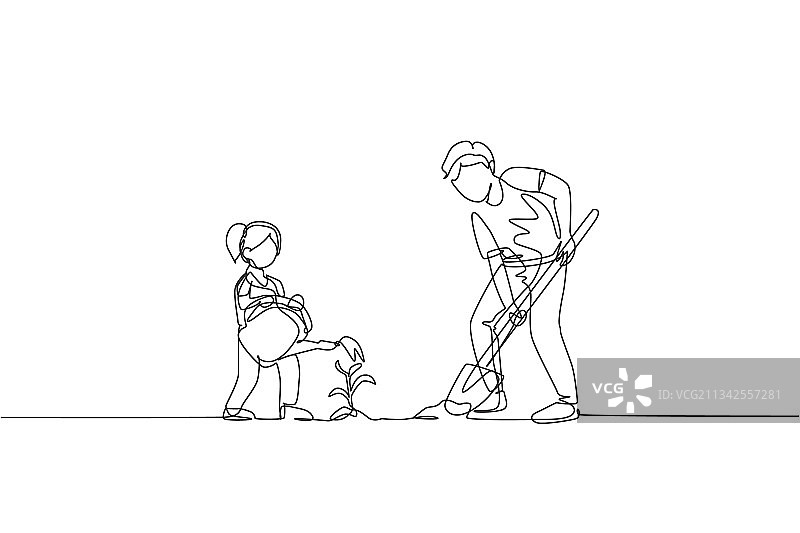年轻父亲挖掘单线画图片素材