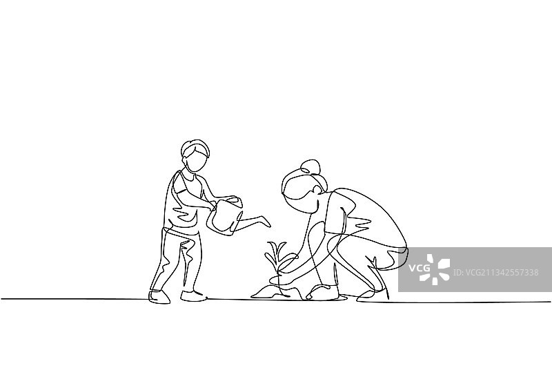 年轻母亲教孩子单线绘画图片素材