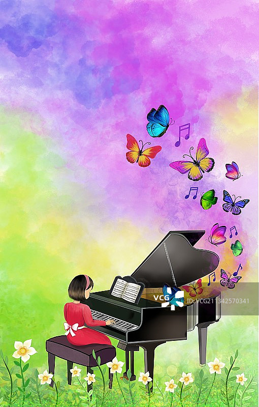 钢琴演奏中的小姑娘图片素材