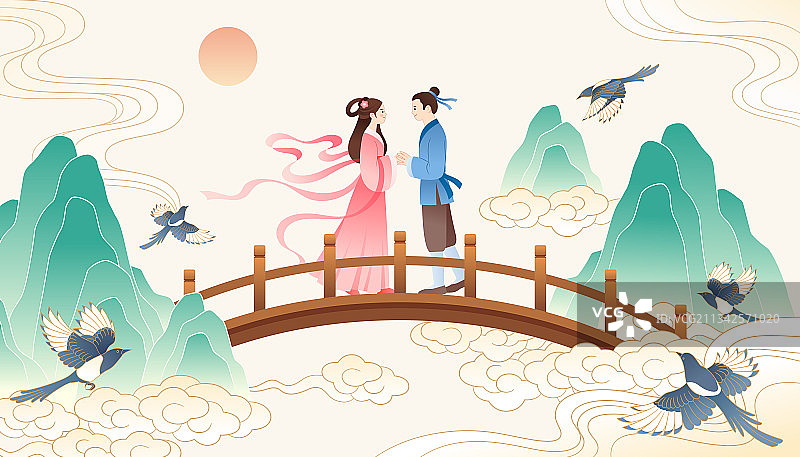 牛郎织女桥上相会插画横版图片素材