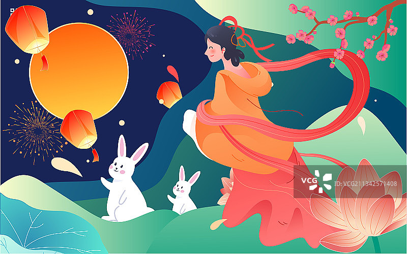 中秋佳节海报中国传统节日嫦娥赏月团圆插画图片素材