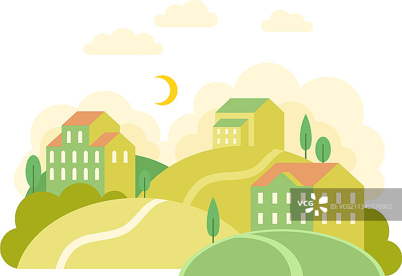 有城市房屋、山丘和树木的当地景观图片素材