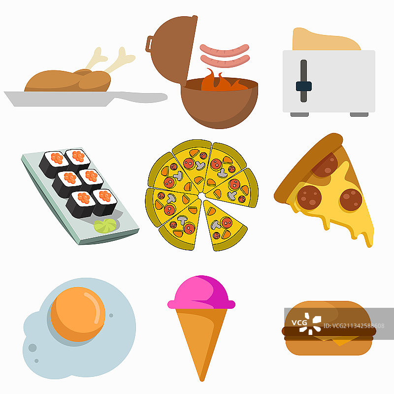 美食剪贴画套餐：披萨、汉堡、煎蛋、吐司图片素材