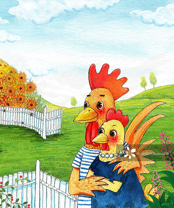 绘本插画母鸡小鸡系列-公鸡母鸡幸福的在一起图片素材