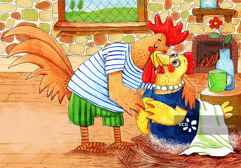 绘本插画母鸡小鸡系列-恩爱的公鸡母鸡图片素材