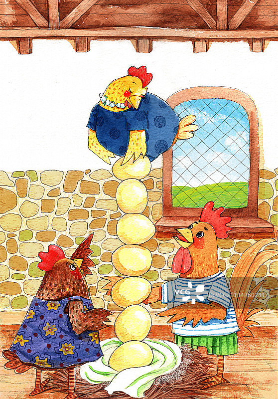 绘本插画母鸡小鸡系列-叠罗汉孵蛋的母鸡图片素材
